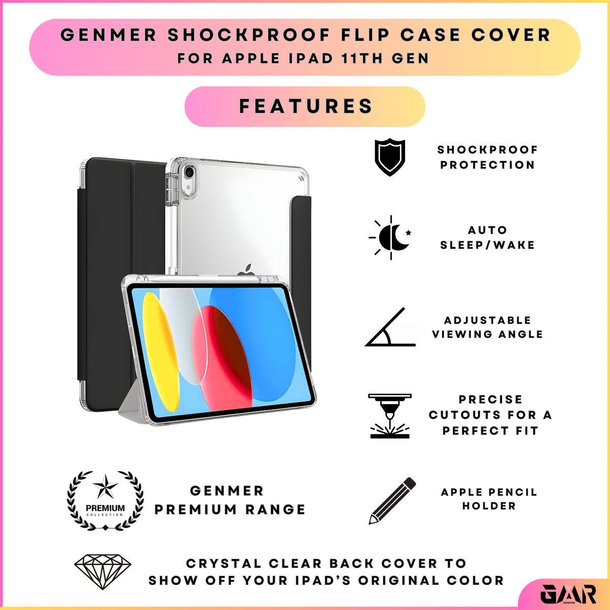 GENMER Flip Case Shockproof Cover Compatible with iPad 11th Gen (A16) 2025 - Black