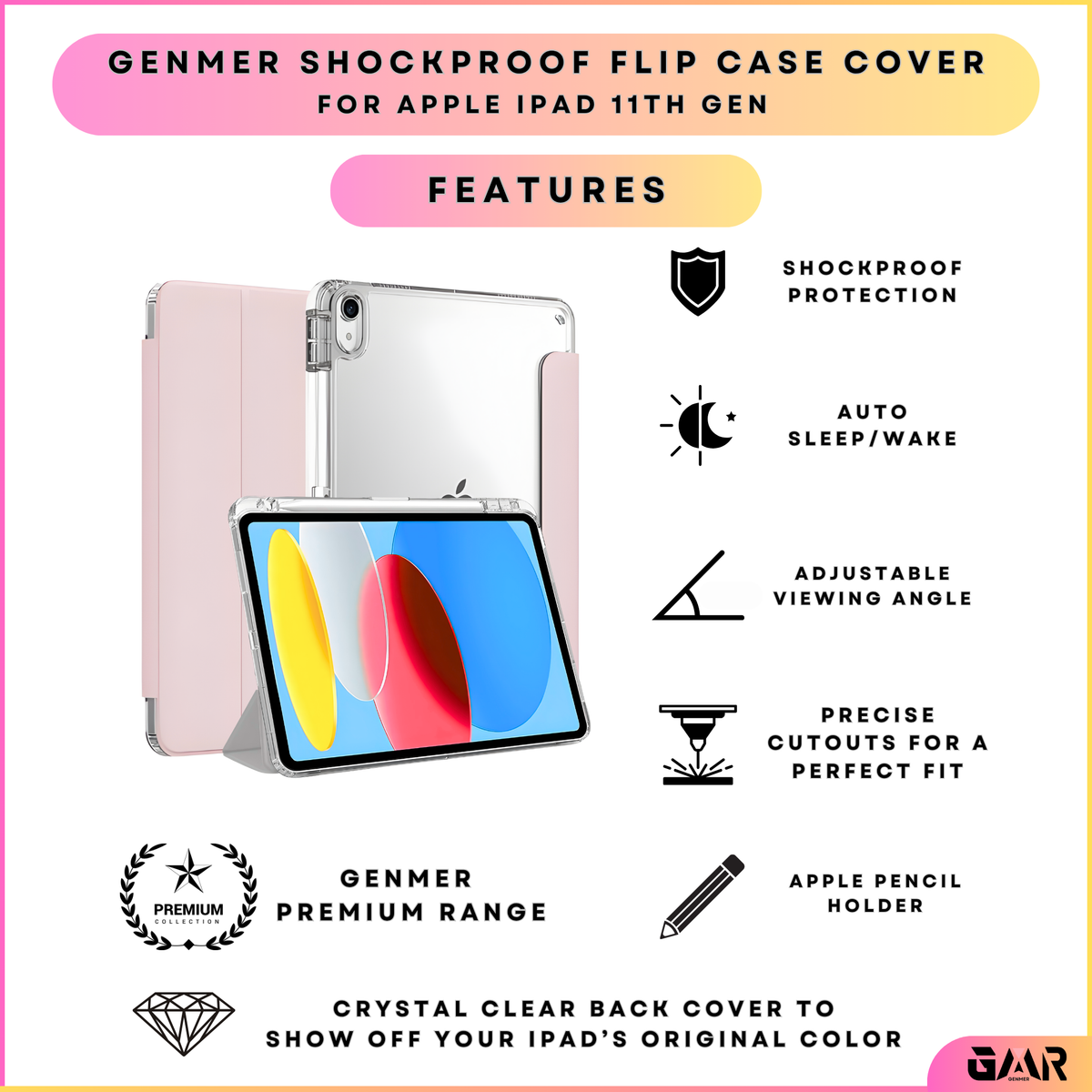 GENMER Flip Case Shockproof Cover Compatible with iPad 11th Gen (A16) 2025 - Light Pink